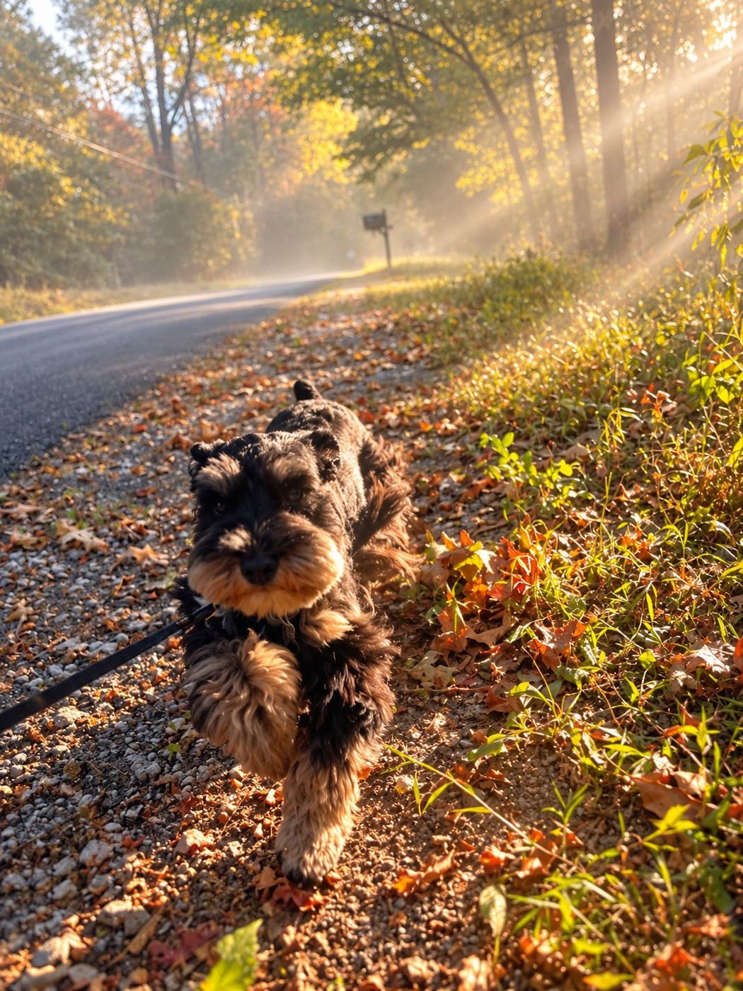 A schnauzer trotting along a leafy country road in golden morning light