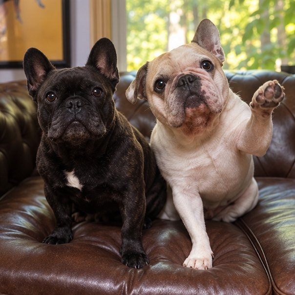 Two French bulldogs on the leather Chesterfield sofa, one raising a paw to wave